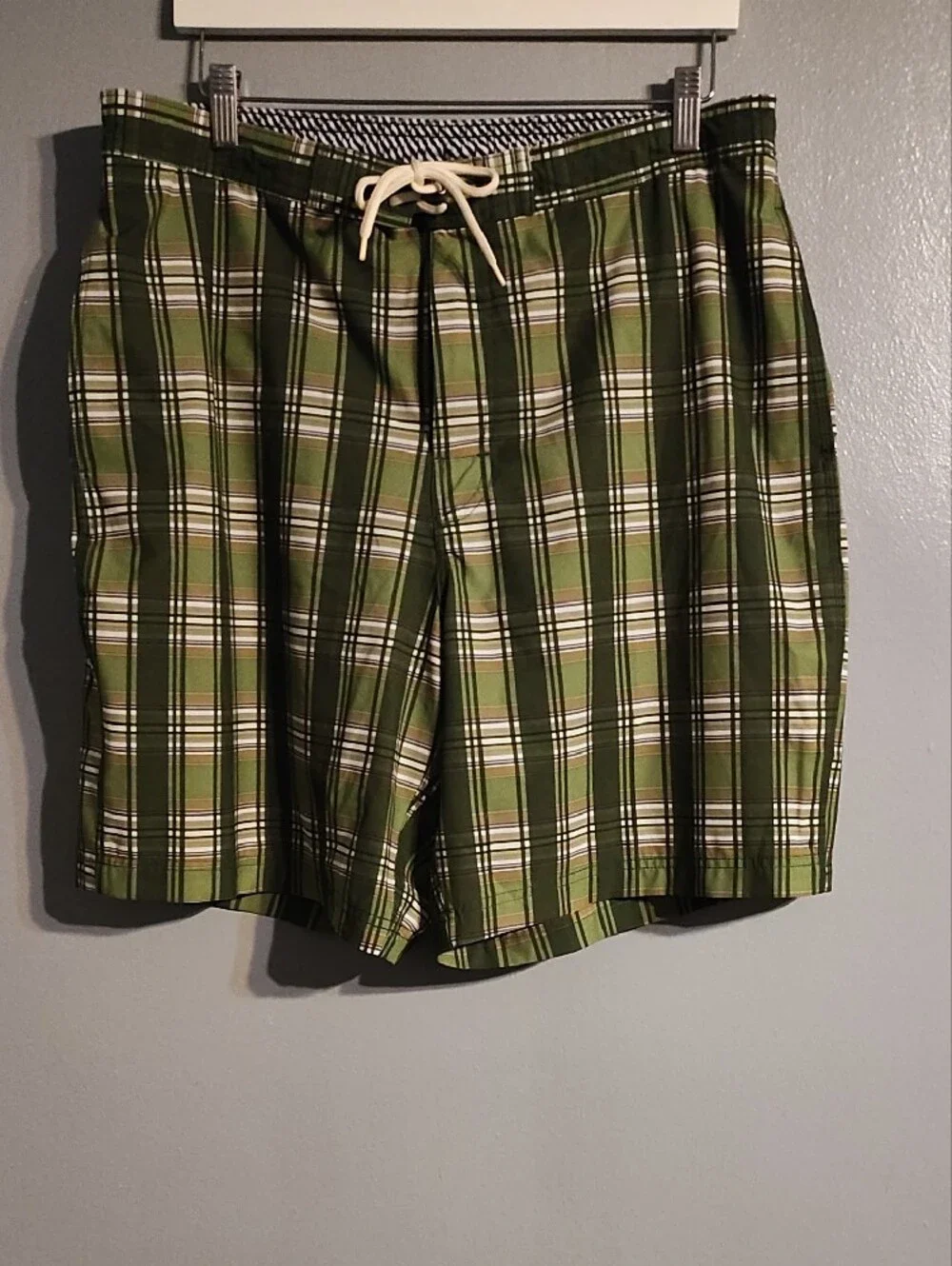 Roundtree & Yorke Olive and White Plaid Swim Shorts